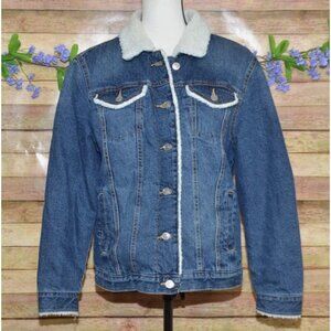 Time And Tru Denim Blue Jean Trucker Jacket Size S 4-6 Sherpa Lined Pockets Warm